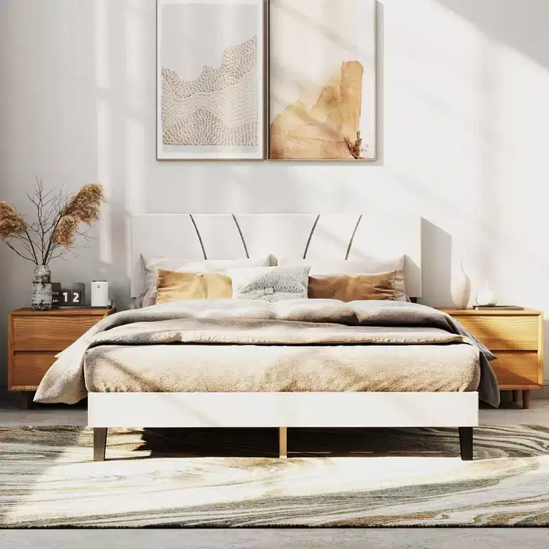AEELLEEA Bed Frame with Linen Headboard and Metal Legs Solid Wood Slats Mattress Platform for Bedroom Beige