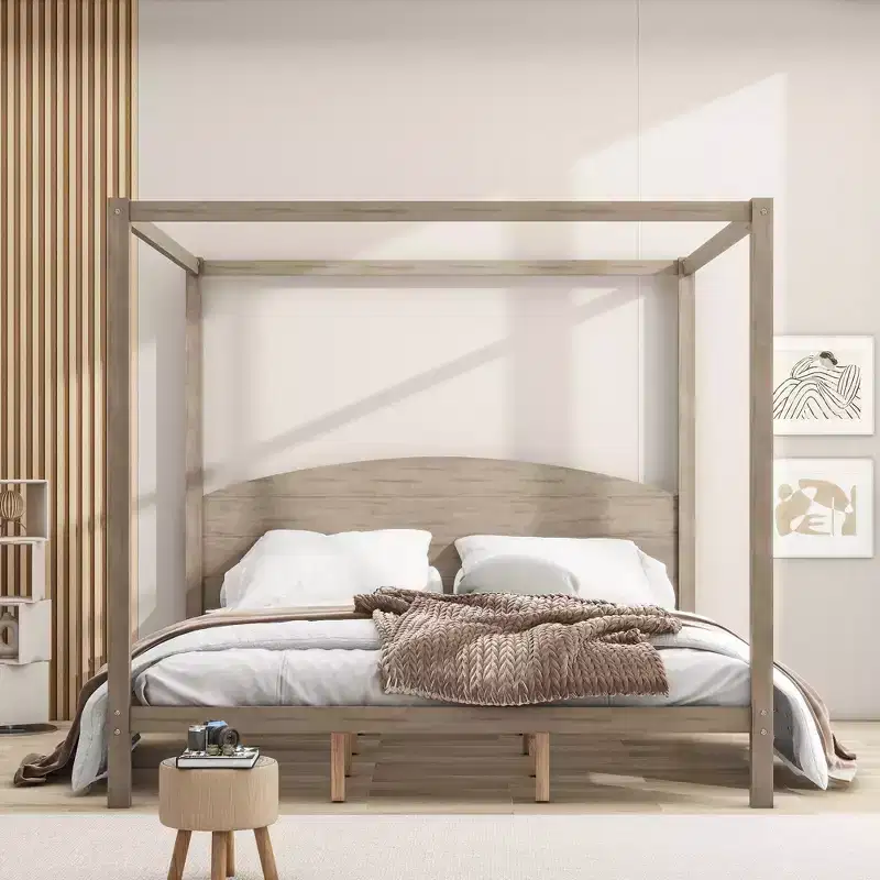 Whisen Minimalist Style King Size Canopy Platform Bed with Curved Headboard and Wood Support Legs