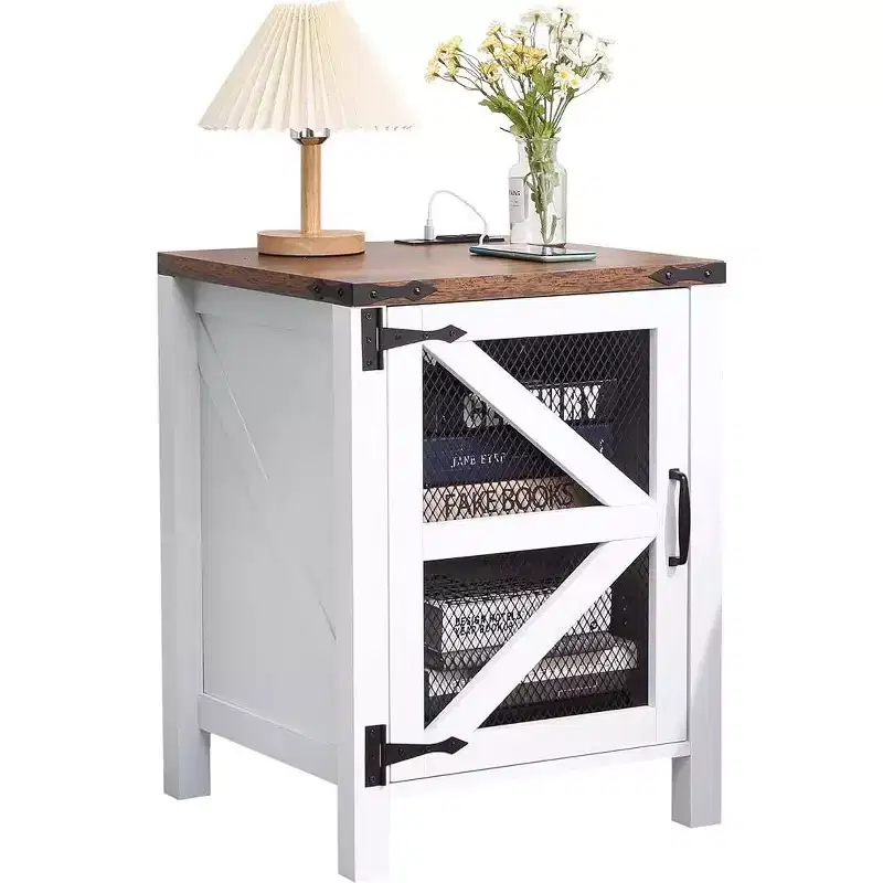 Rustic White Farmhouse Side Table with Barn Door, Space-Saving Wooden Table with Charging Station and Storage for Bedroom and Living Room