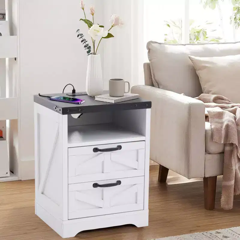 Farmhouse Nightstand -Night Stand White, Bed Side Tables Bedroom , Industrial White End Table, Sturdy Engineered Wood
