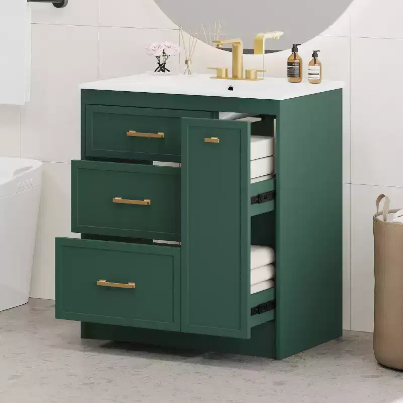 Freestanding Bathroom Vanity with Single Sink & 3 Drawers – Green