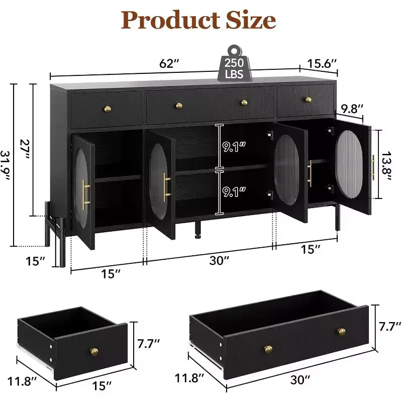 62 Modern Buffet Cabinet with Storage, 3 Drawers & 4 Fluted Glass Doors, Wooden Sideboard Console Table for Kitchen, Dining Room, Coffee Bar