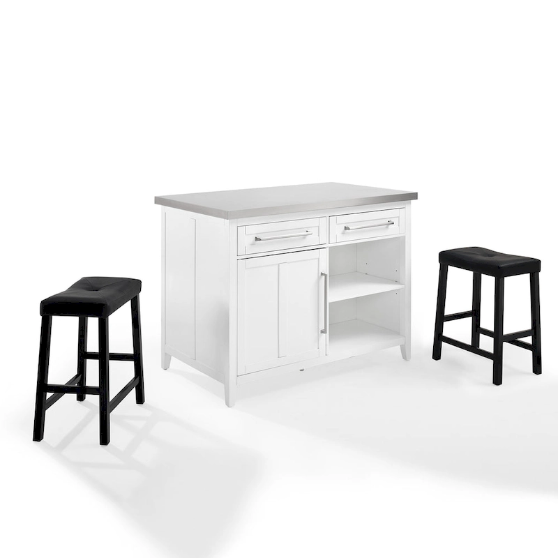 Crosley Silvia Stainless Steel Top Island W/Uph Saddle Stools - 47d x 46w x 36.5h