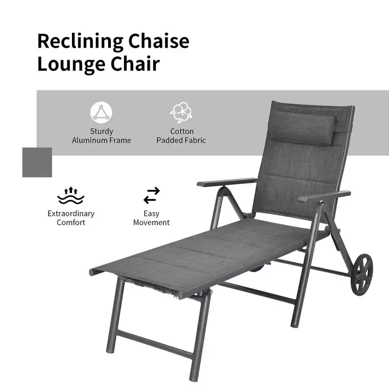 Costway Patio Reclining Chaise Lounge Padded Chair Aluminum Adjust Neck Pillow