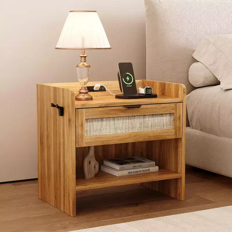 Acekool Rattan Nightstand with Ports and Outlets, Boho Bedside Table with Drawer and Storage Shelf, Side End Table