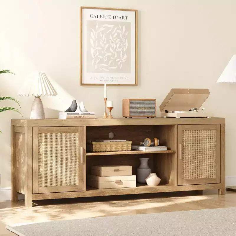 Boho Rattan Entertainment Center with Adjustable Shelves & Storage, Natural Oak