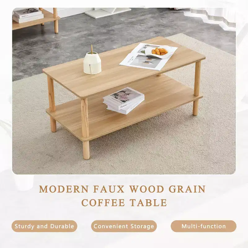 2-Tier Rectangular Coffee Table with Open Storage Shelf – Rounded Solid Wood Legs for Living Room