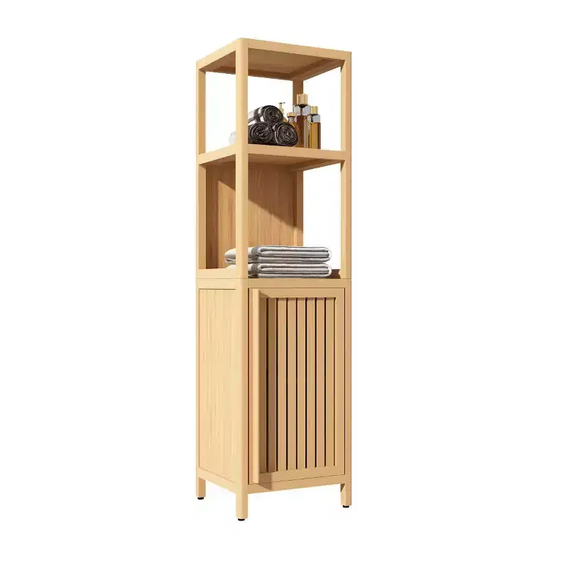 Bamboo Bathroom Storage Cabinet, Multifunctional Freestanding Cabinet with 2 Shelves & 1 Door, Bathroom & Kitchen Organizer
