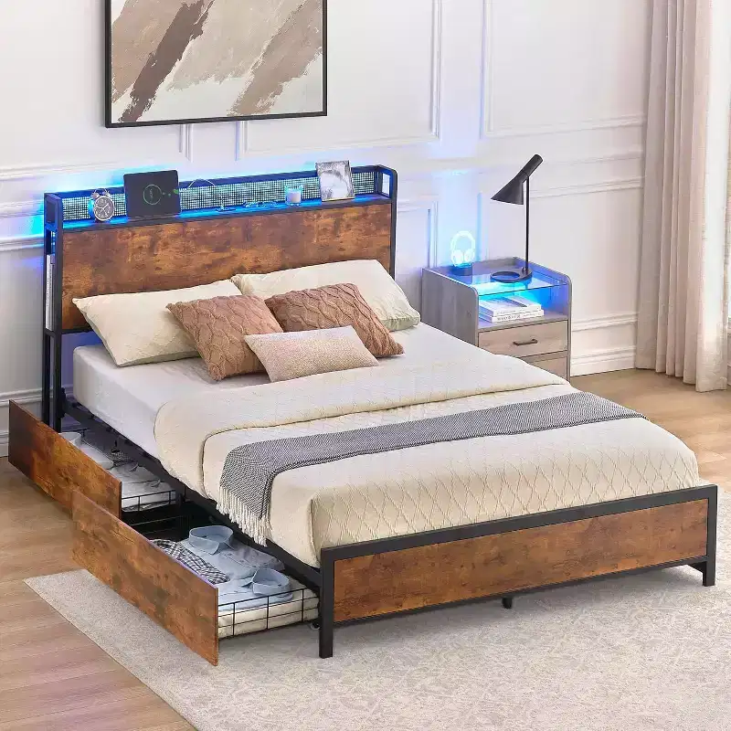 Bed Frame with Storage Headboard and 4 Drawers, Platform Bed Frame with Charging Station and LED Lights, Metal Support/No Box Spring Needed
