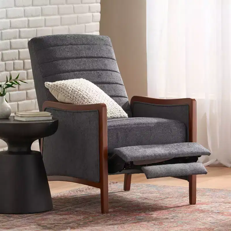 GDFStudio Mendota Mid Century Modern Fabric Channel Stitch Wood Pushback Recliner