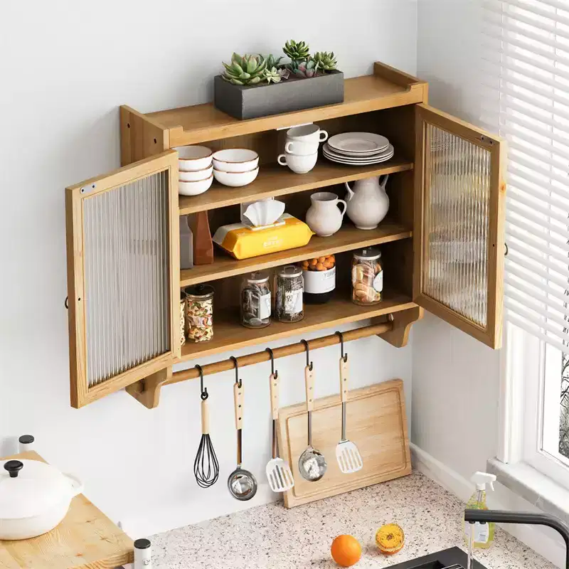 Kitchen Wall Cabinet With Towel Rack, 24. 8''Glass Door Vintage Double Door Wall Cabinet With Three Tiers of Storage, for Bathroom, Kitchen, Dining Room