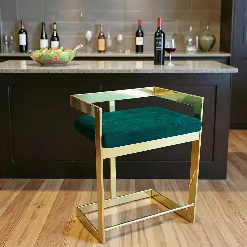 HomeRoots 30 Green and Gold Metal and Velvet Low Back Bar Height Bar Chair