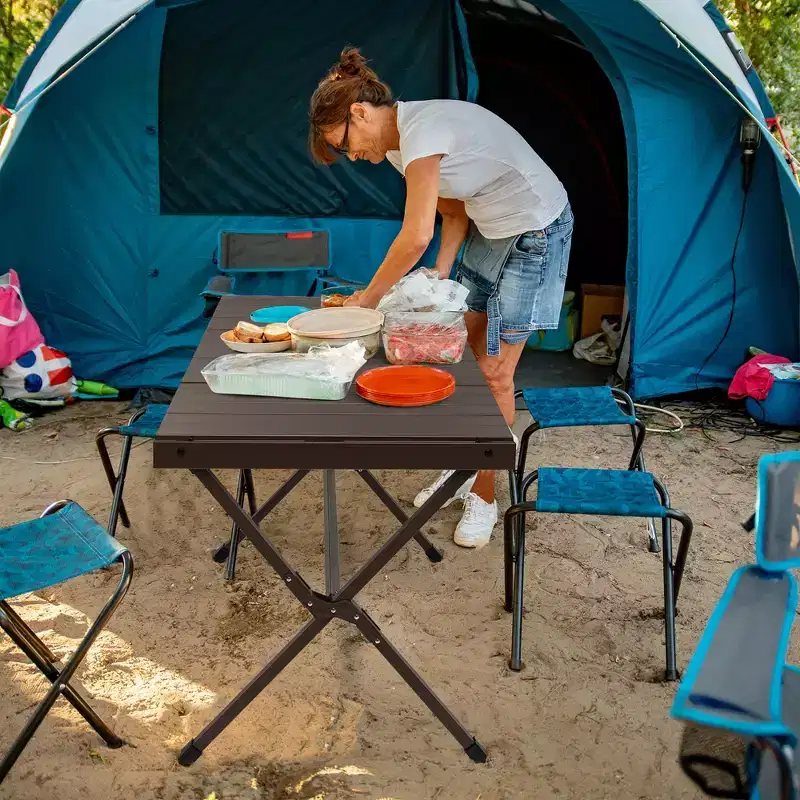 Costway 4-6 Person Portable Aluminum Camping Table Lightweight Roll Up Table Grey/Brown