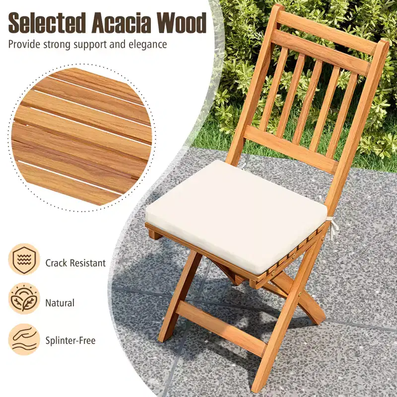 Costway Folding Patio Chairs Set of 2 w/ Slatted Backrests & Soft Seat Cushions