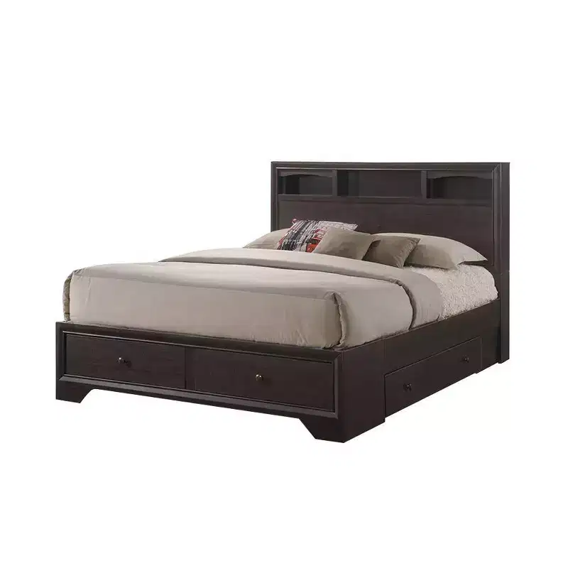 88" Queen Bed Espresso - Storage Headboard, No Box Spring Needed