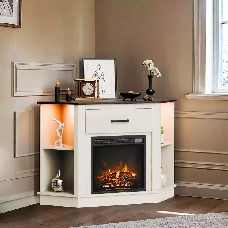 White Corner Electric Fireplace TV Stand with 18