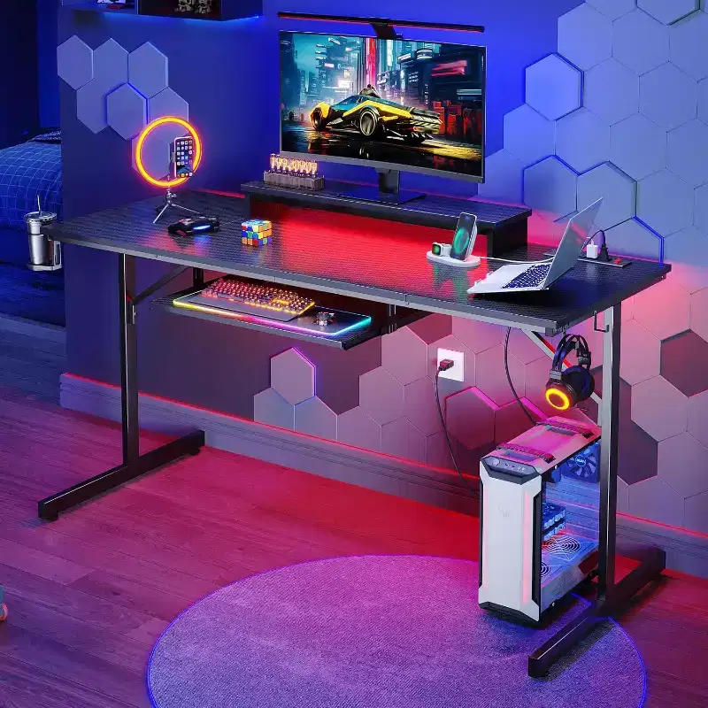 63 Gaming Desk with LED Lights & Power Outlets, Computer Desk with Monitor Stand & Keyboard Tray for Home Office