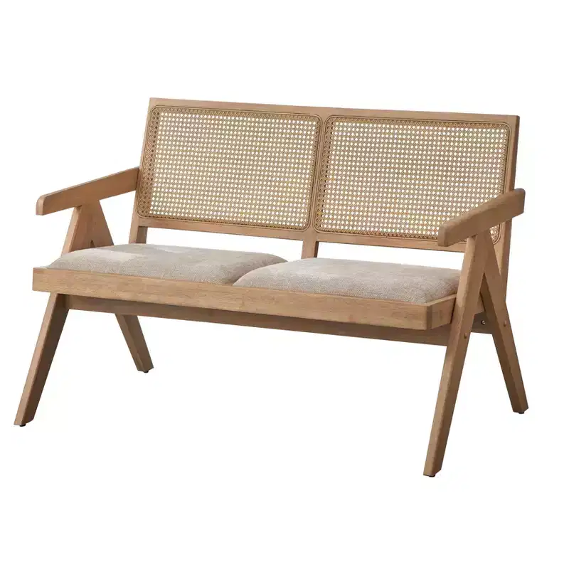 Mid-Century Solid Wood Cane Arm Bench, Light Oak, Entryway or Bedroom Bench
