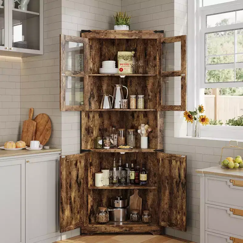 67 Tall Corner Storage Cabinet, Farmhouse Corner Hutch Display Cabinet with Glass Doors, Wooden Storage Organizer