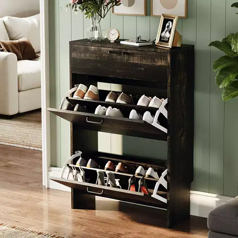 Karl Home Hidden Shoe Cabinet With 3 Flip Drop-Down Door White & Oak