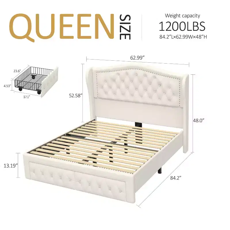 Dyonery Queen Size Bed Frame with 2 Storage Drawers and Wingback Headboard Upholstered Platform Bed Frame with Wooden Slat Support,Easy Assembly