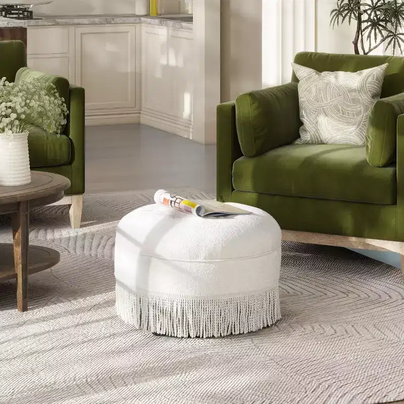 24 Round Accent Ottoman with Tassel Rope Bullion Fringe,Soft Chenille Ottoman,Vintage Footrest Ottoman Stool for Living Room & Bedroom,White