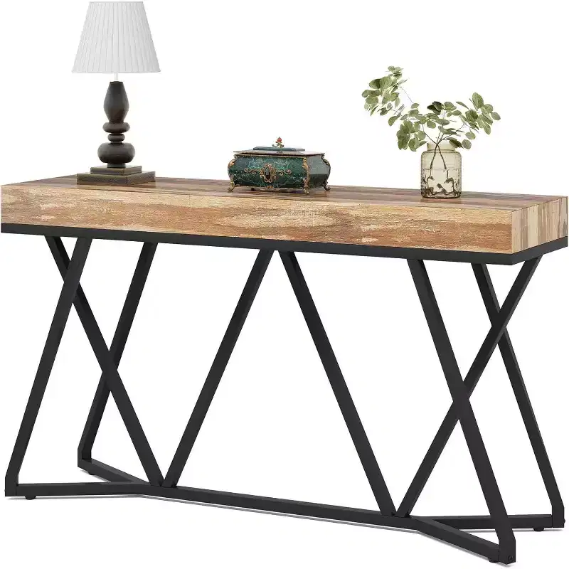 Lantine 55.12 Inches Console Table, Farmhouse Sofa Table Wood Entryway Table with Unique Metal Base