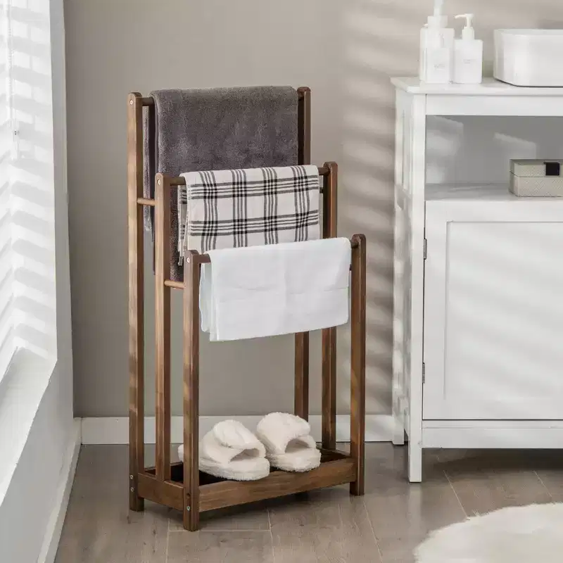 Rustic Brown 3-Bar Freestanding Towel Rack with Bottom Shelf, 1-Person