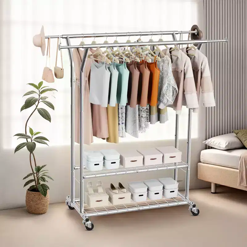 VEVOR Clothes Rack, Rolling Clothing Garment Rack with 2 Hanging Rods and 2 Storage Shelves, 264 lbs Load Capacity, Silver