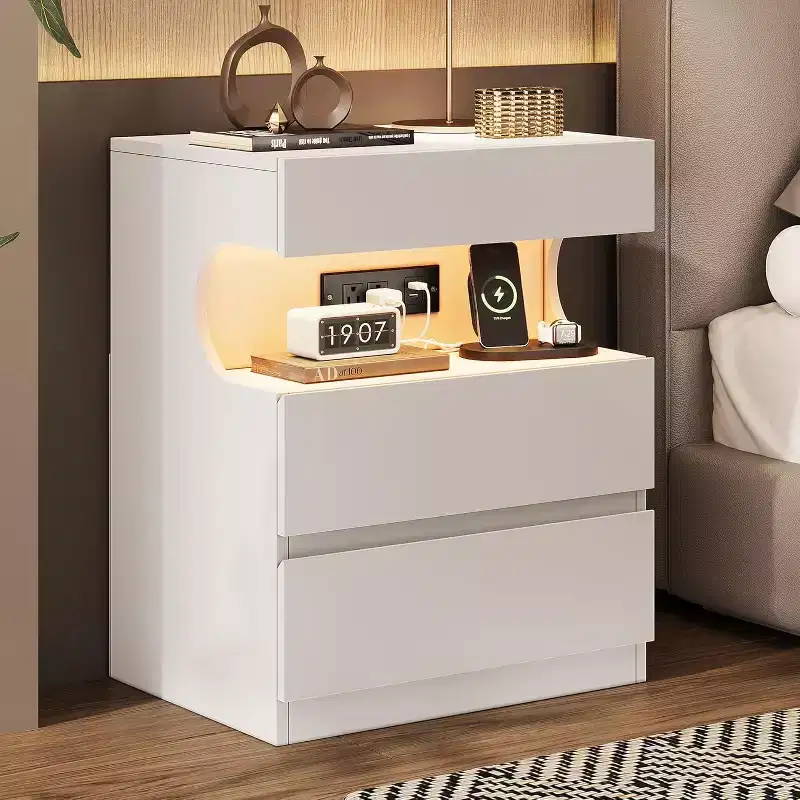 White Nightstand, Modern Bedside Table, 3 Drawer End Table, U-Shape Open Shelf, for Bedroom, Living room, Office