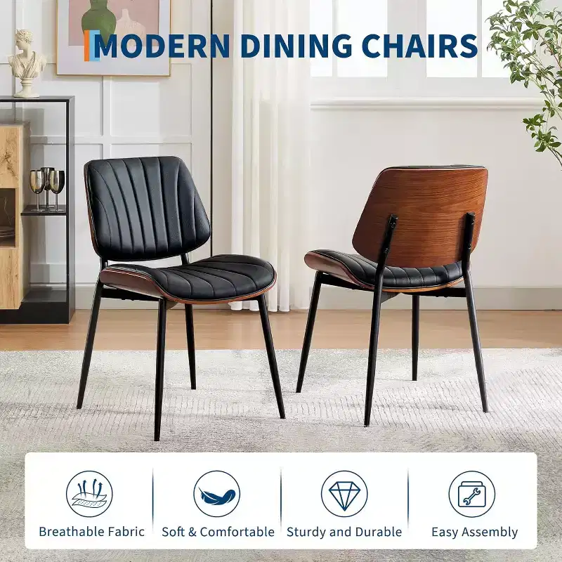 Mid-Century Modern Dining Chairs Set of 2 with PU Leather Upholstery  Walnut Bentwood Back & Adjustable Feet