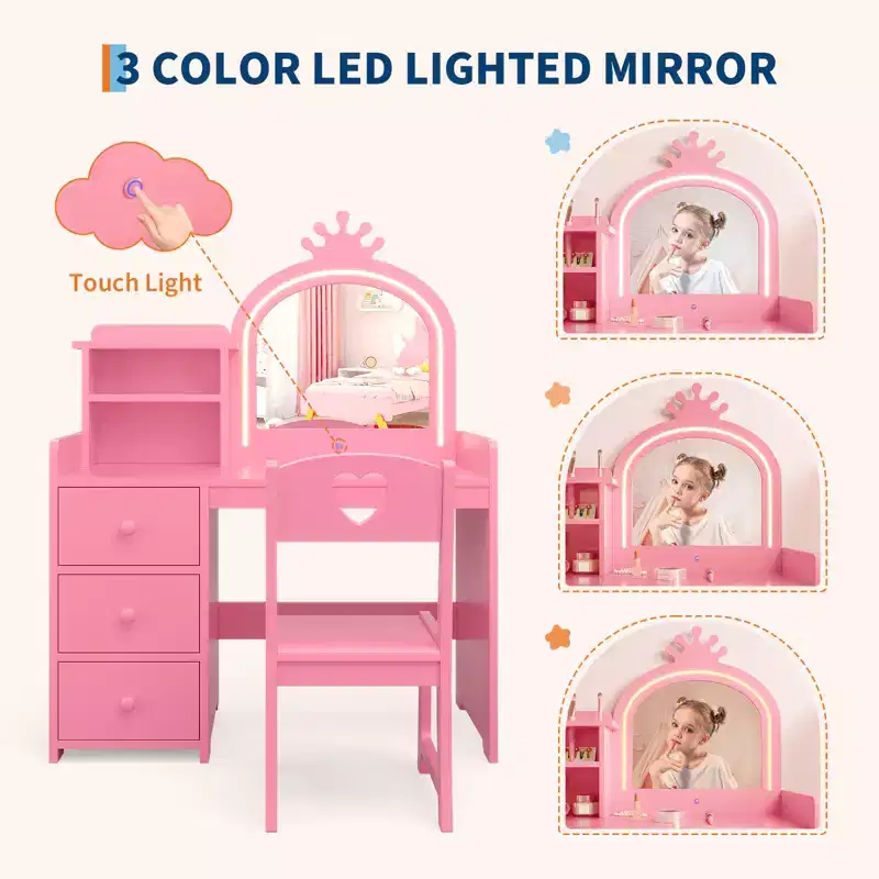 Kids Vanity Desk with Lighted Mirror, Pink Wooden Dressing Table Set with Chair, Drawers, Brush Holders & Storage Shelves, for Little Girls