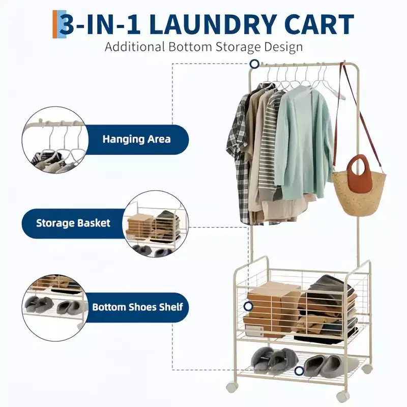 GustoWave 3-in-1 Laundry Cart with Hanging Rack, Metal Laundry Basket with Wheels, Gold