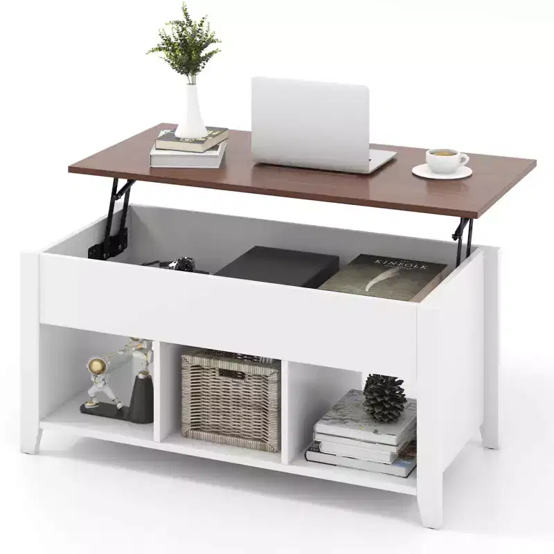 Lift Top Coffee Table with Hidden Compartment and Storage Shelves, Modern Furniture, White