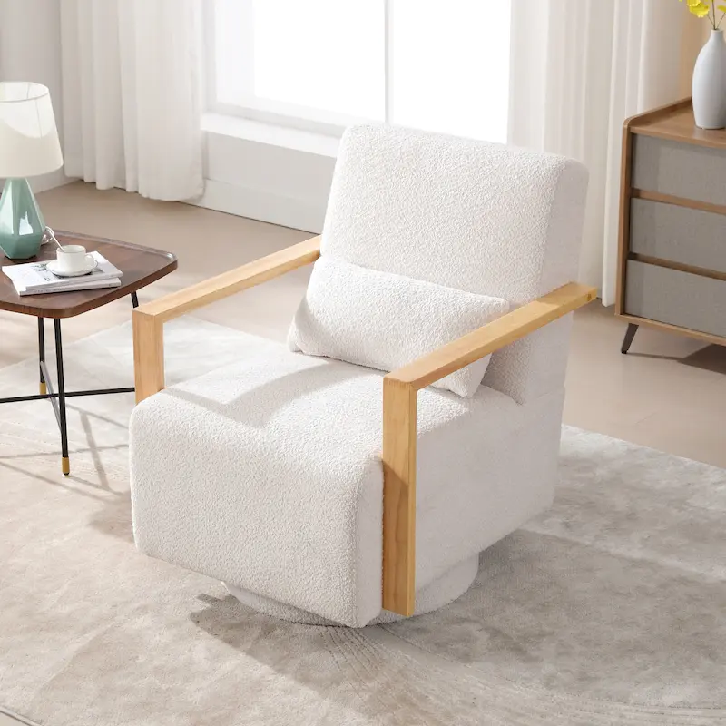 Mid-Century Boucle Upholstered Swivel Armchair With Pillow