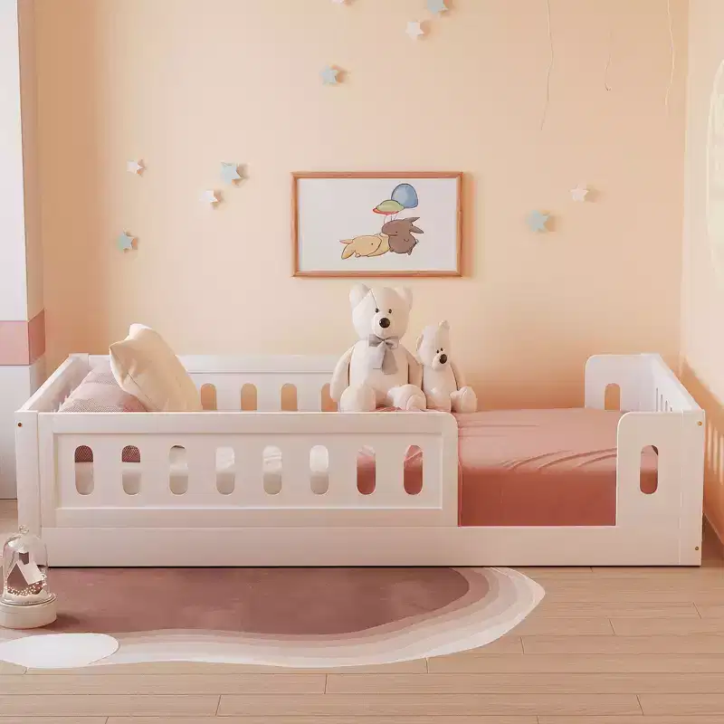 Okak Solid Wood Floor Bed Twin Size Platform, Bed Frame with Guardrail, Low-Profile Design for Kids & Teens Bedroom