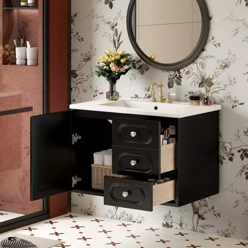 Rattan Wall-Mount Floating Bathroom Vanity with Sink, Black Painted Finish, Storage Cabinet, 2 Drawers, Rattan Door, and Ceramic Top