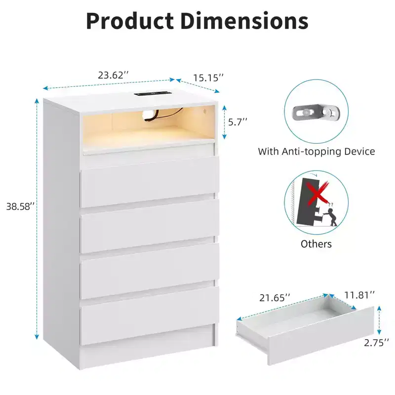 6 Drawer Dresser with RGB LED Light and Charging Station, White