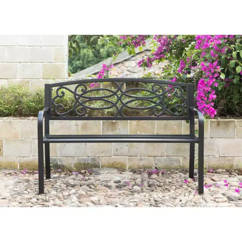 Gardenised Steel Outdoor Patio Garden Park Seating Bench with Cast Iron Scrollwork Backrest, Front Porch Yard Bench Lawn Decor