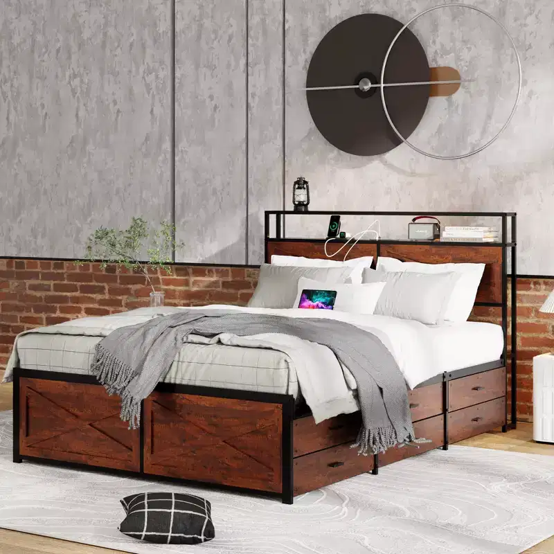 Queen/King Size Platform Bed with Storage Headboard and Storage Drawers, Platform Bed Frame with Metal Slats Support, Rustic Brown