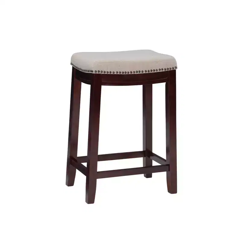 Counter Height Barstool Rustic Brown Natural Linen Upholstered Backless