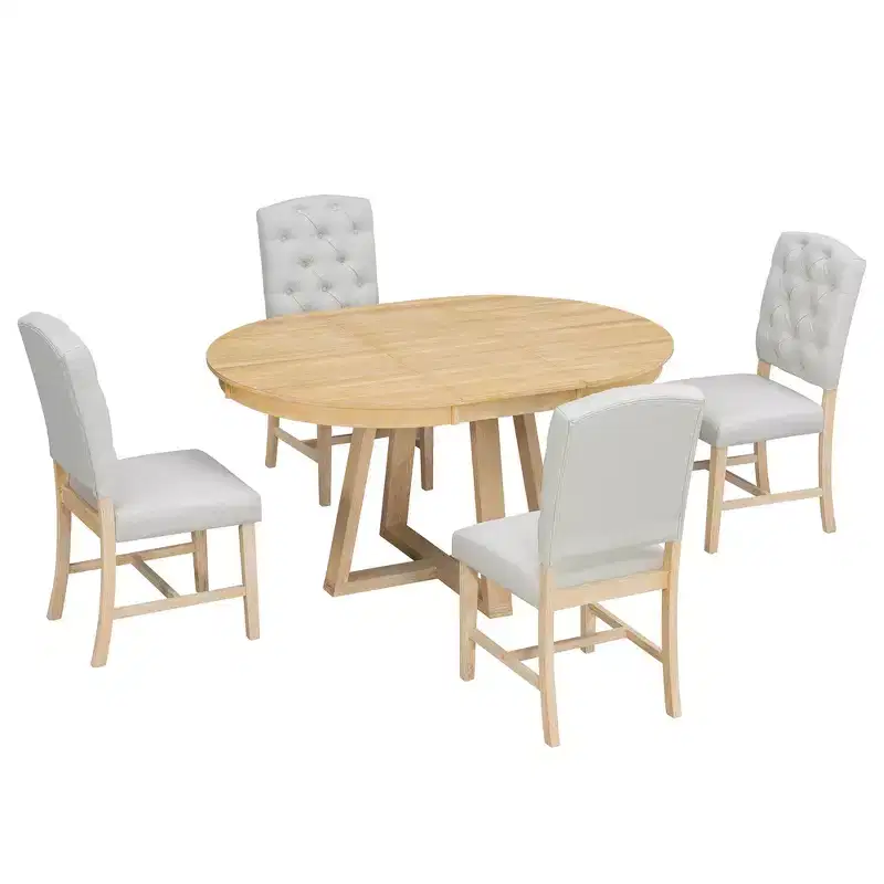 Whisen Retro Style 5-Piece Extendable Dining Set with 4-Botton Tufted Upholstered Chairs