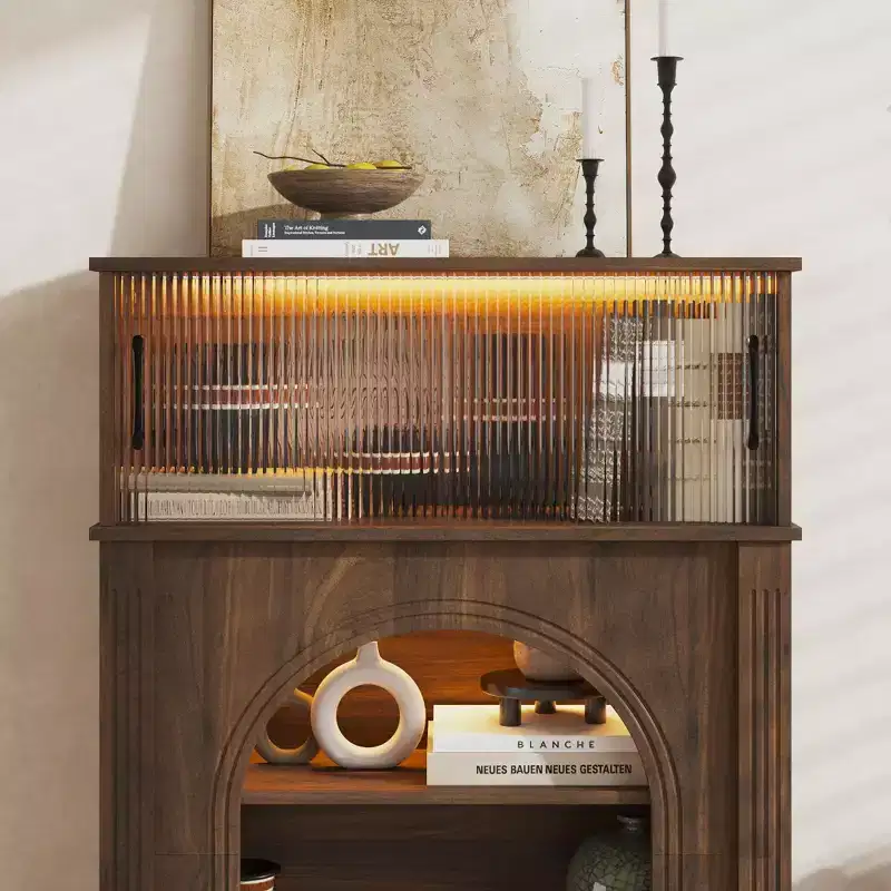 Famapy Dark Walnut Accent Cabinet with Fluted Glass & Adjustable LED Lighting