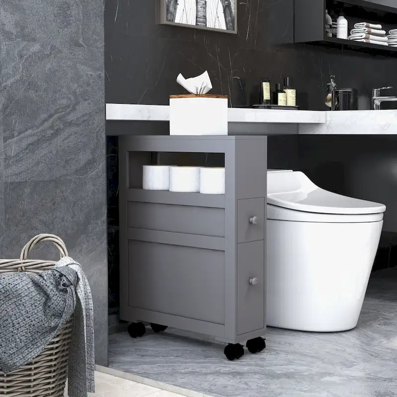 Wood Rolling Narrow Bathroom Side Storage Cabinet