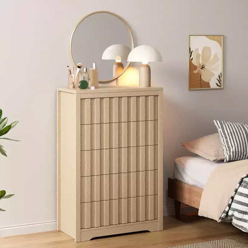 Fluted 5 Drawers Dresser for Bedroom, Modern Dresser Chest of Drawers, Fluted Fronts, Wood Storage Dressers Organizer for Bedroom, Living Room
