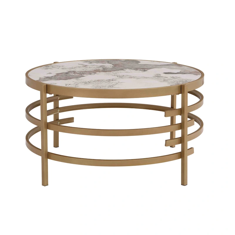 32.48 Modern Round Coffee Table with Sintered Stone Top & Sturdy Metal Frame