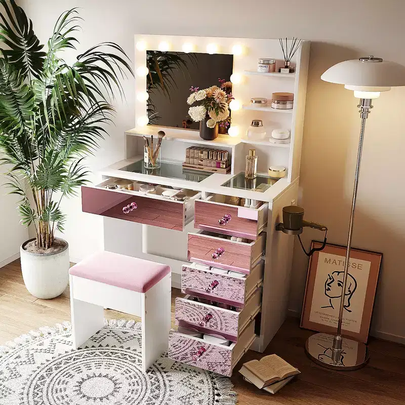 Makeup Vanity Desk Set Dressing Table with Storage Cushioned Stool, Mirror, 3 Color Lighting Bulb, Charging Station & Hair Dryer Holder - ModernLuxe