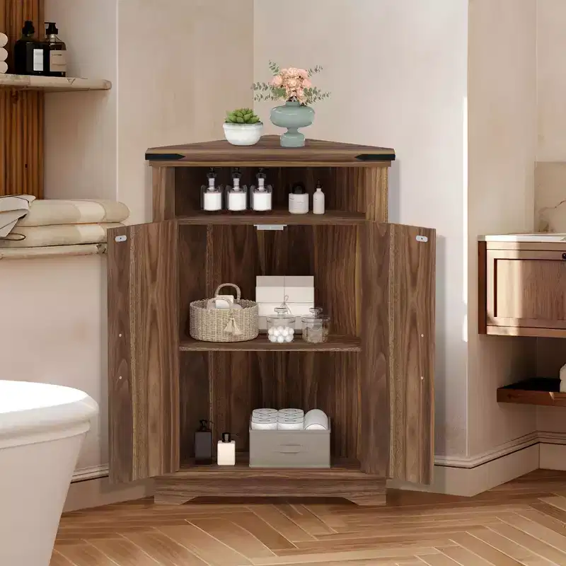 Farmhouse Corner Bathroom Cabinet with Barn Door  Adjustable Shelf Storage for Bathroom/Kitchen/Living Room (1-Pack)