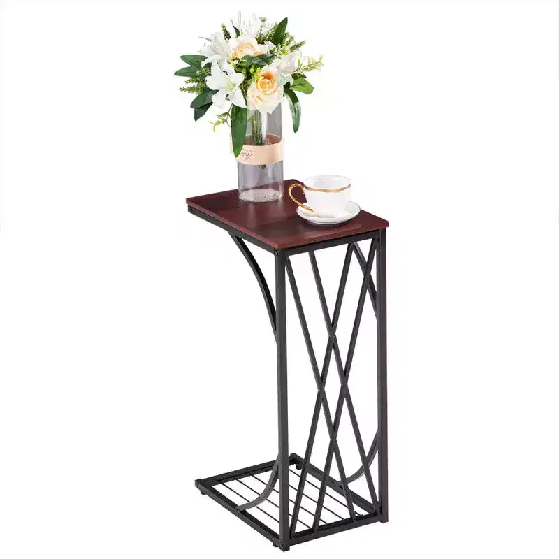 Disassembly Single Layer Density Board Iron C-shape Table Cross Line Brown Density Board PVC Black Spraying 30.5*21*54cm Side Table
