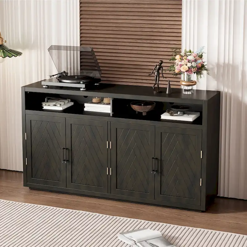Modern 4-door Classic Sideboard with Open Storage and Adjustable Shelves